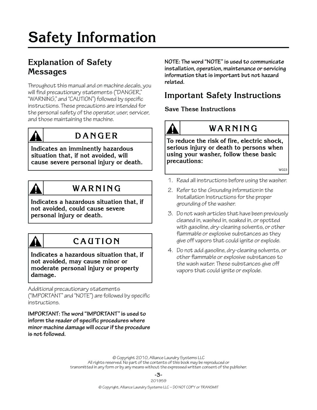 Alliance Laundry Systems 201959R1 manual Safety Information, Explanation of Safety Messages, Important Safety Instructions 