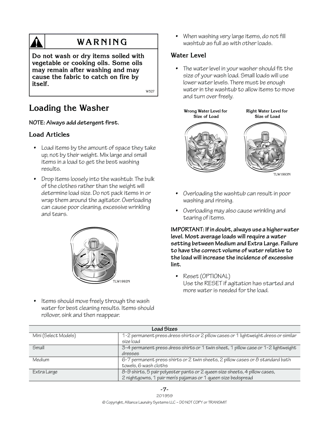 Alliance Laundry Systems 201959R1 manual Loading the Washer, Water Level, Load Articles, Load Sizes 