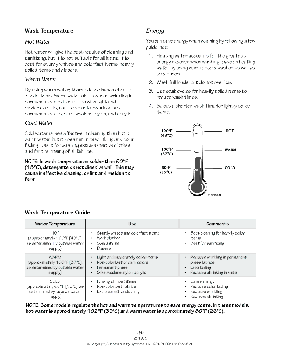 Alliance Laundry Systems 201959R1 manual Wash Temperature Guide, Water Temperature Use Comments 