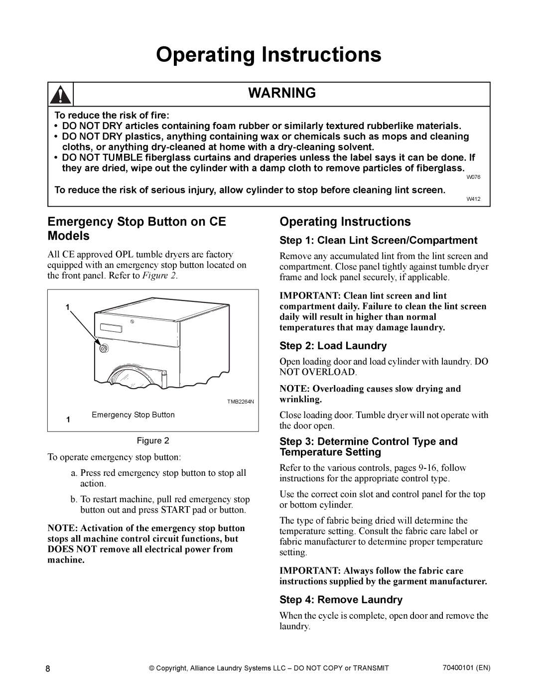 Alliance Laundry Systems 602004144 manual Operating Instructions, Emergency Stop Button on CE Models 