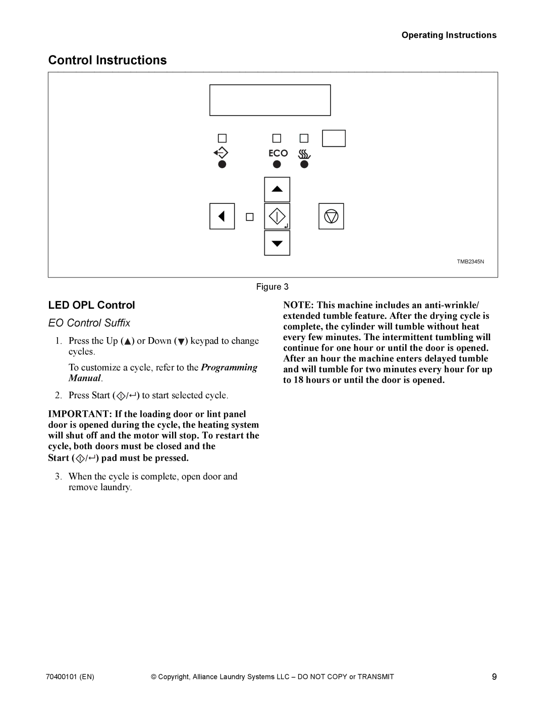 Alliance Laundry Systems 602004144 manual Control Instructions, LED OPL Control, EO Control Suffix 