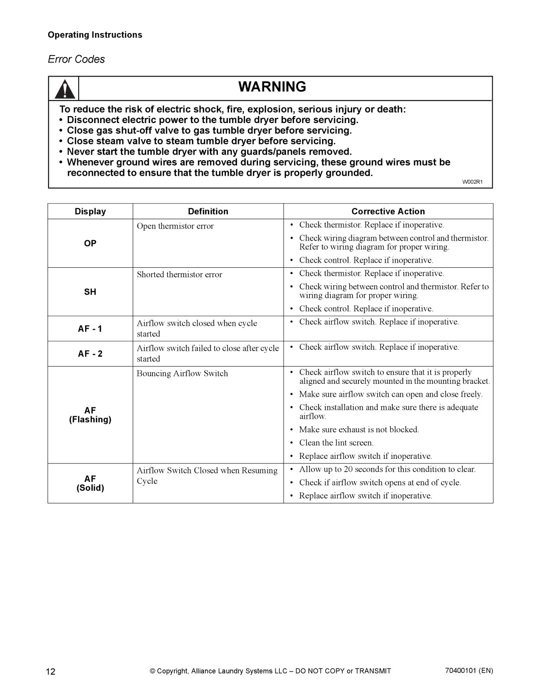 Alliance Laundry Systems 602004144 manual Error Codes, Display Definition Corrective Action 