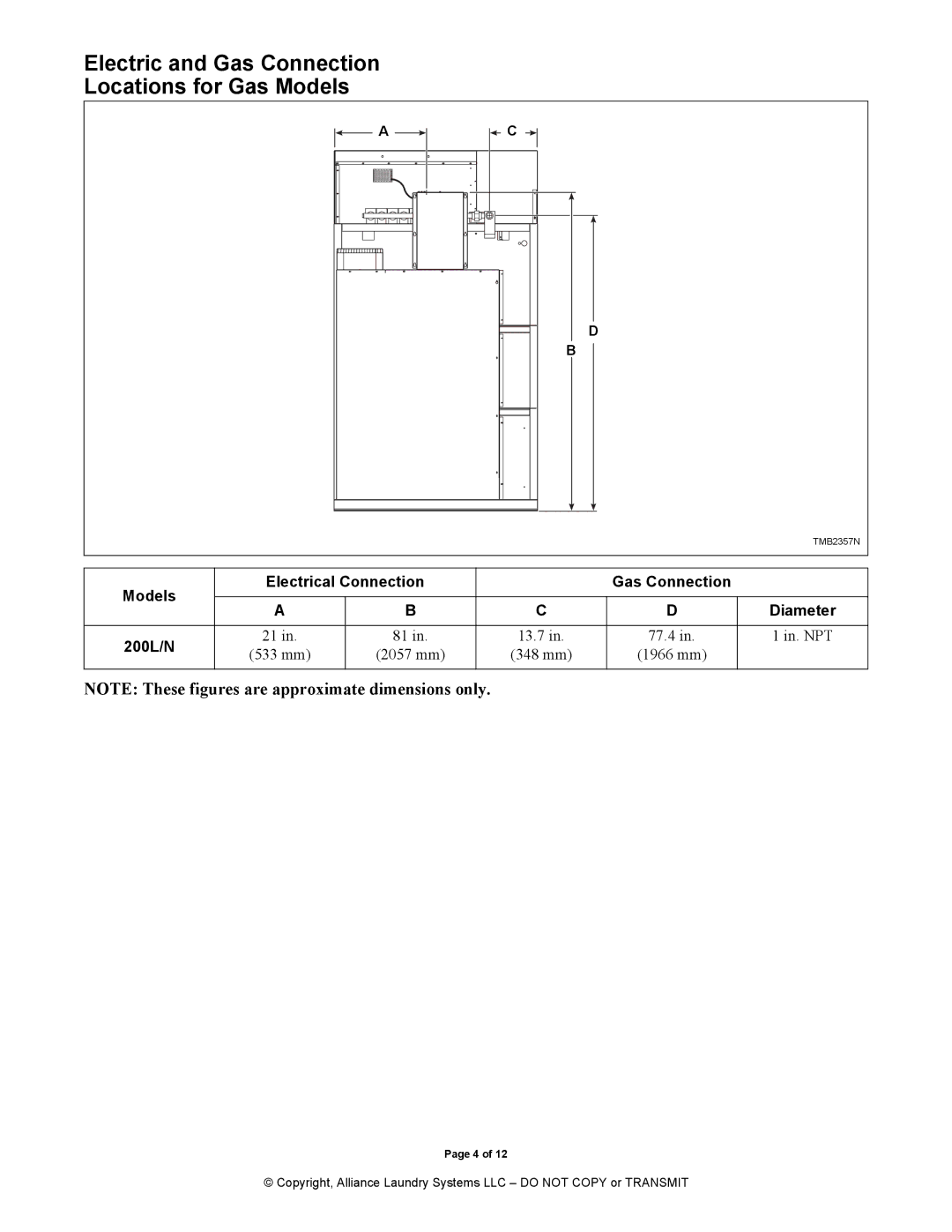 Alliance Laundry Systems 70420801 installation manual Electric and Gas Connection Locations for Gas Models, 200L/N 