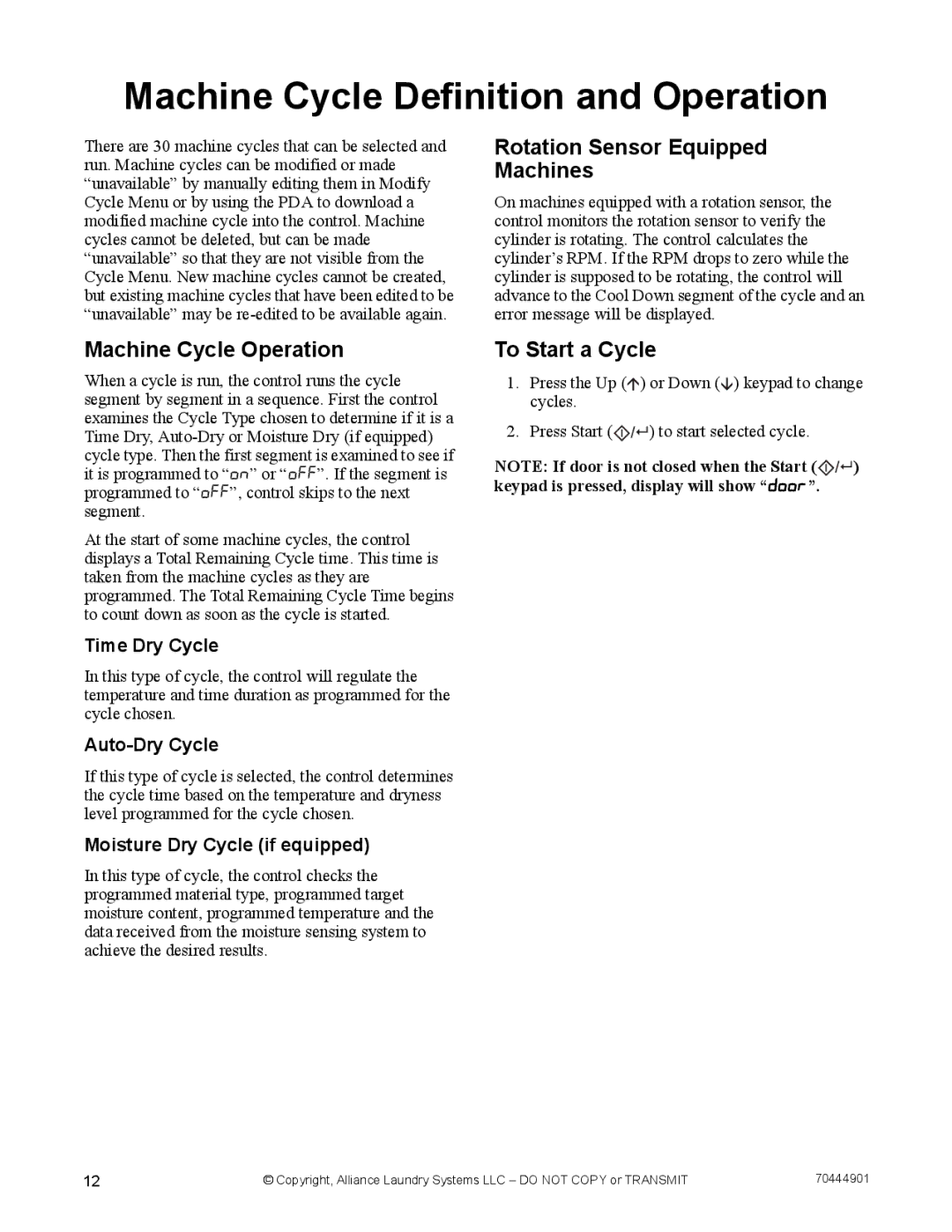 Alliance Laundry Systems 70444901R3 Machine Cycle Definition and Operation, Machine Cycle Operation, To Start a Cycle 