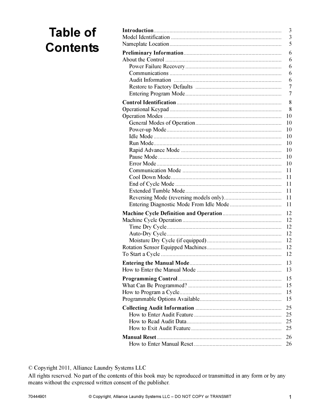 Alliance Laundry Systems 70444901R3 manual Contents 