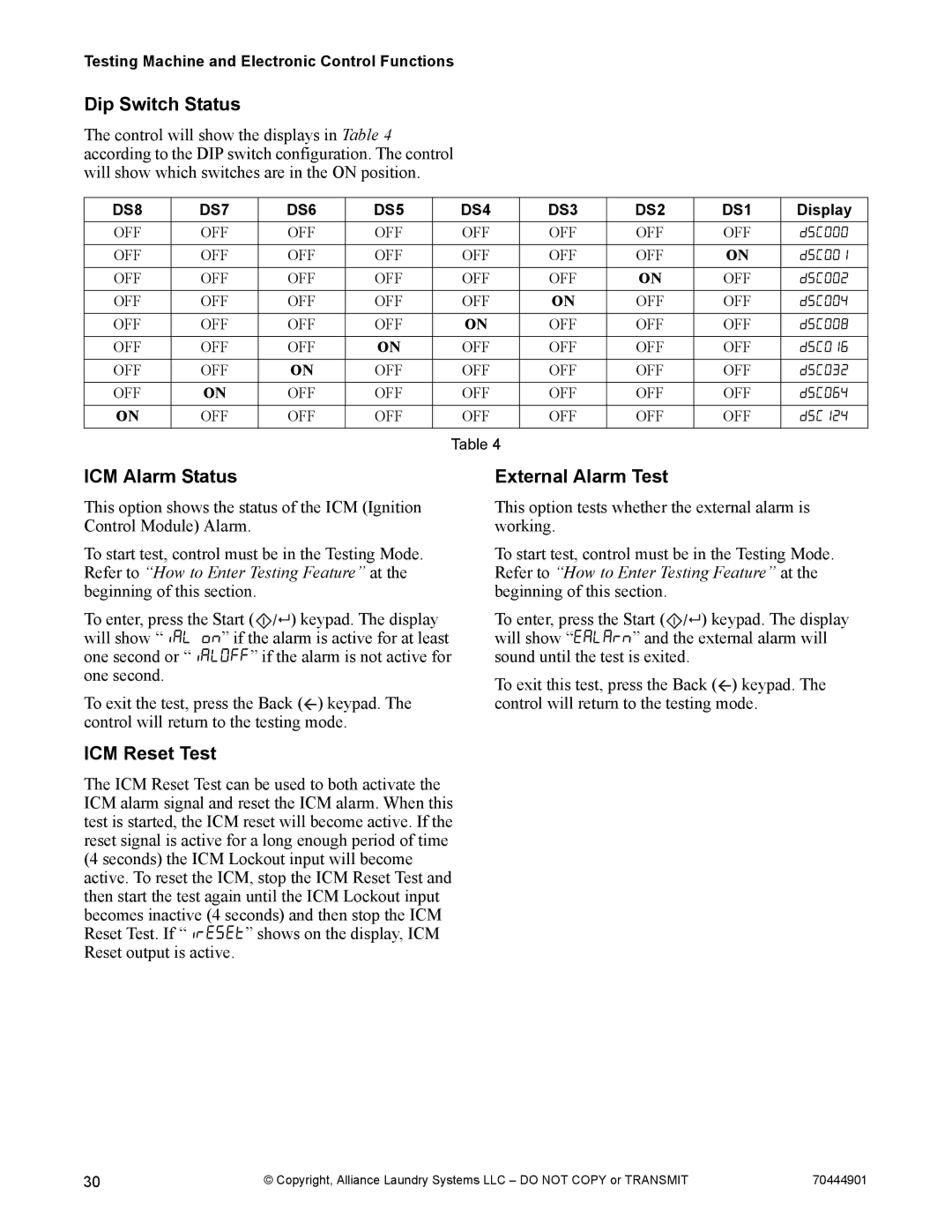 Alliance Laundry Systems 70444901R3 manual Dip Switch Status, ICM Alarm Status, External Alarm Test, ICM Reset Test 