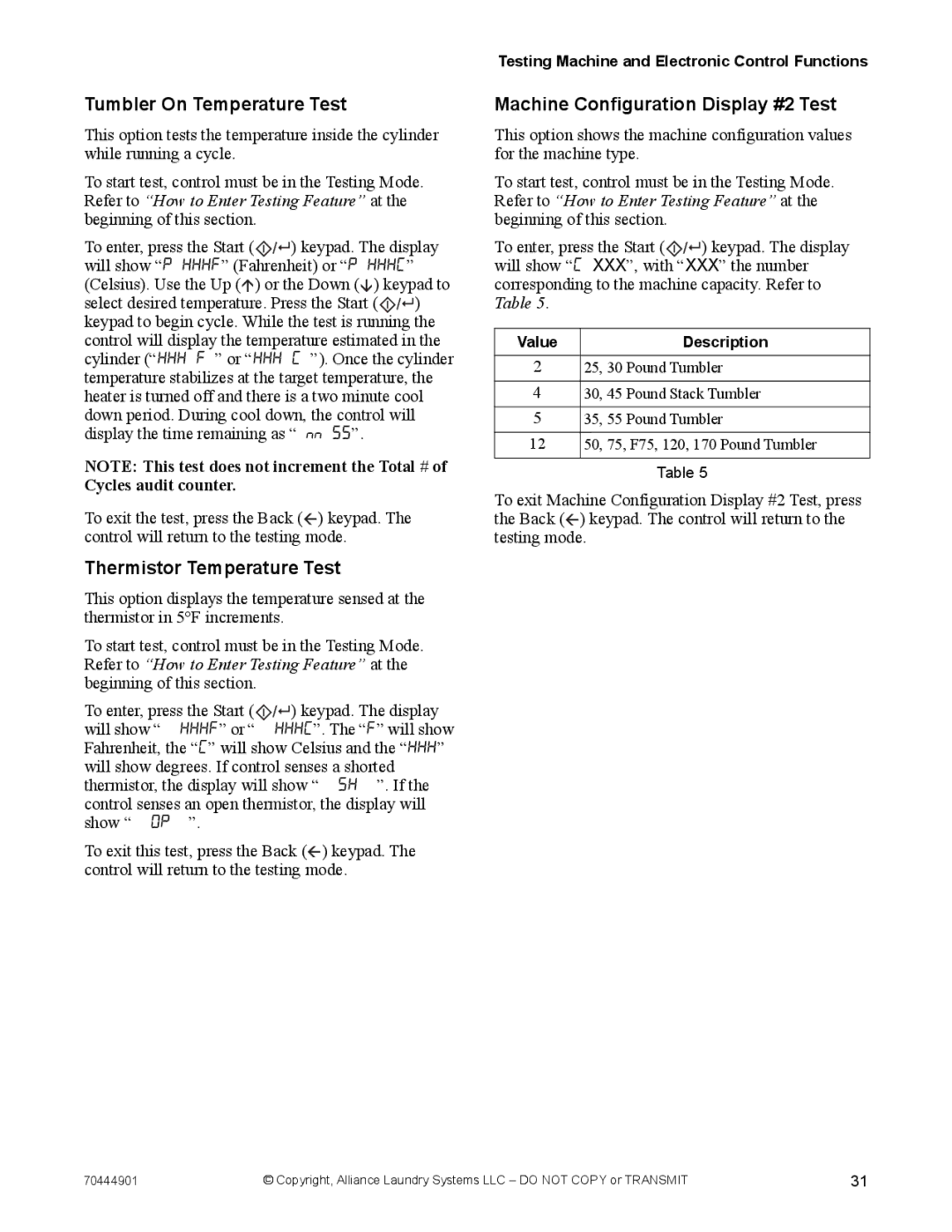 Alliance Laundry Systems 70444901R3 manual Tumbler On Temperature Test, Thermistor Temperature Test, Value Description 