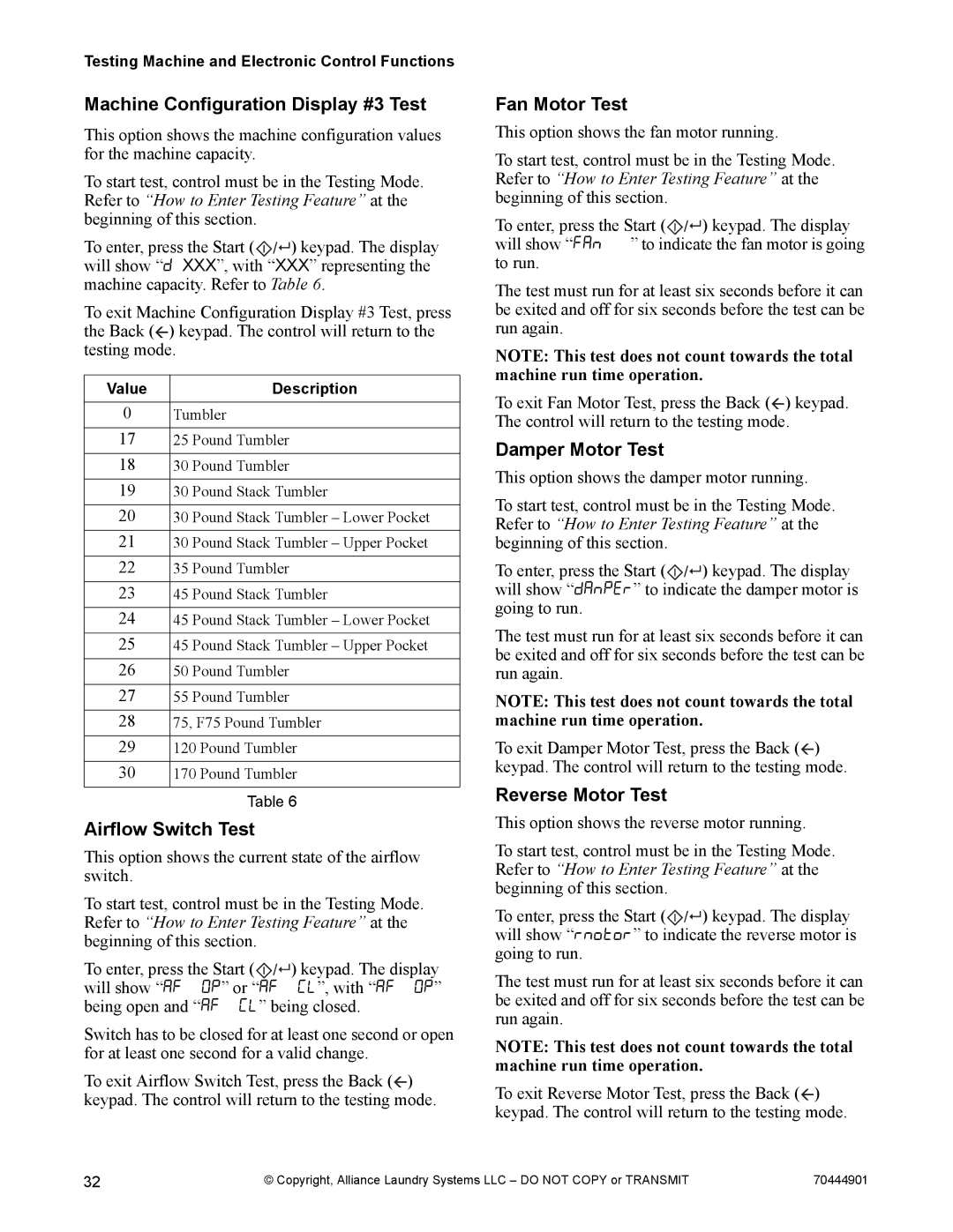 Alliance Laundry Systems 70444901R3 manual Machine Configuration Display #3 Test, Airflow Switch Test, Fan Motor Test 
