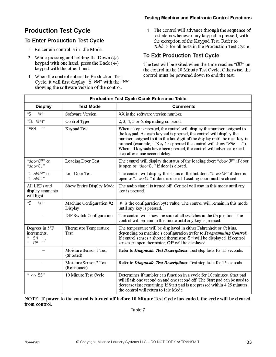 Alliance Laundry Systems 70444901R3 manual To Enter Production Test Cycle, To Exit Production Test Cycle 