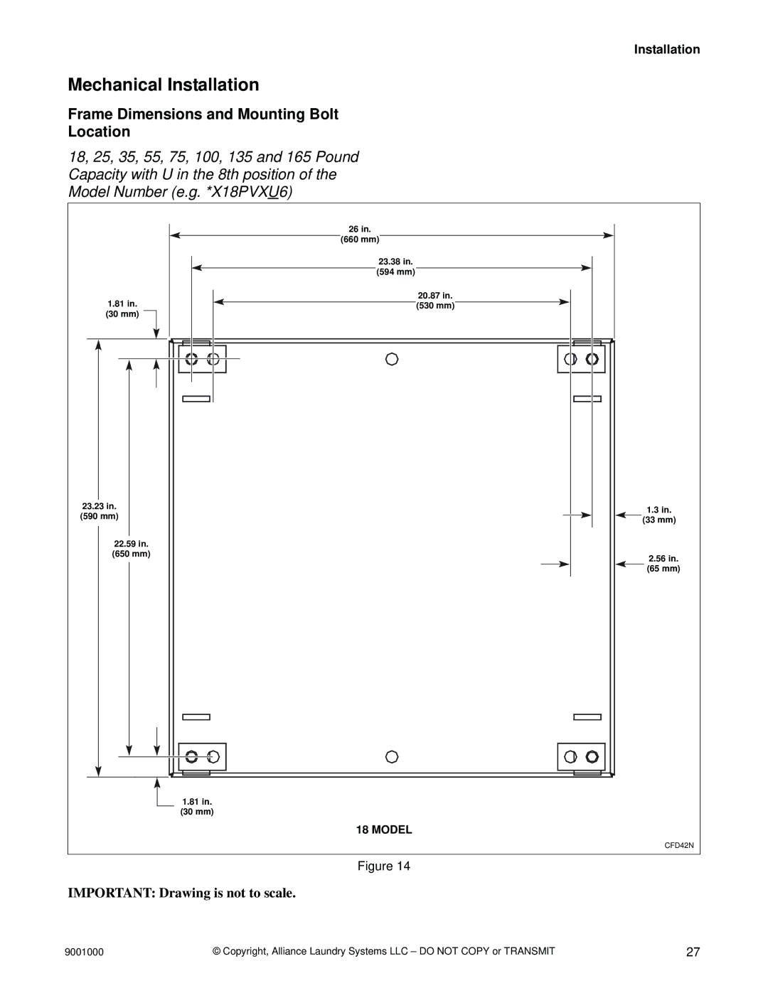 Alliance Laundry Systems 55, 75, 40, 33, 100, 135, 165, 200, 18 manual Mechanical Installation, Important Drawing is not to scale 