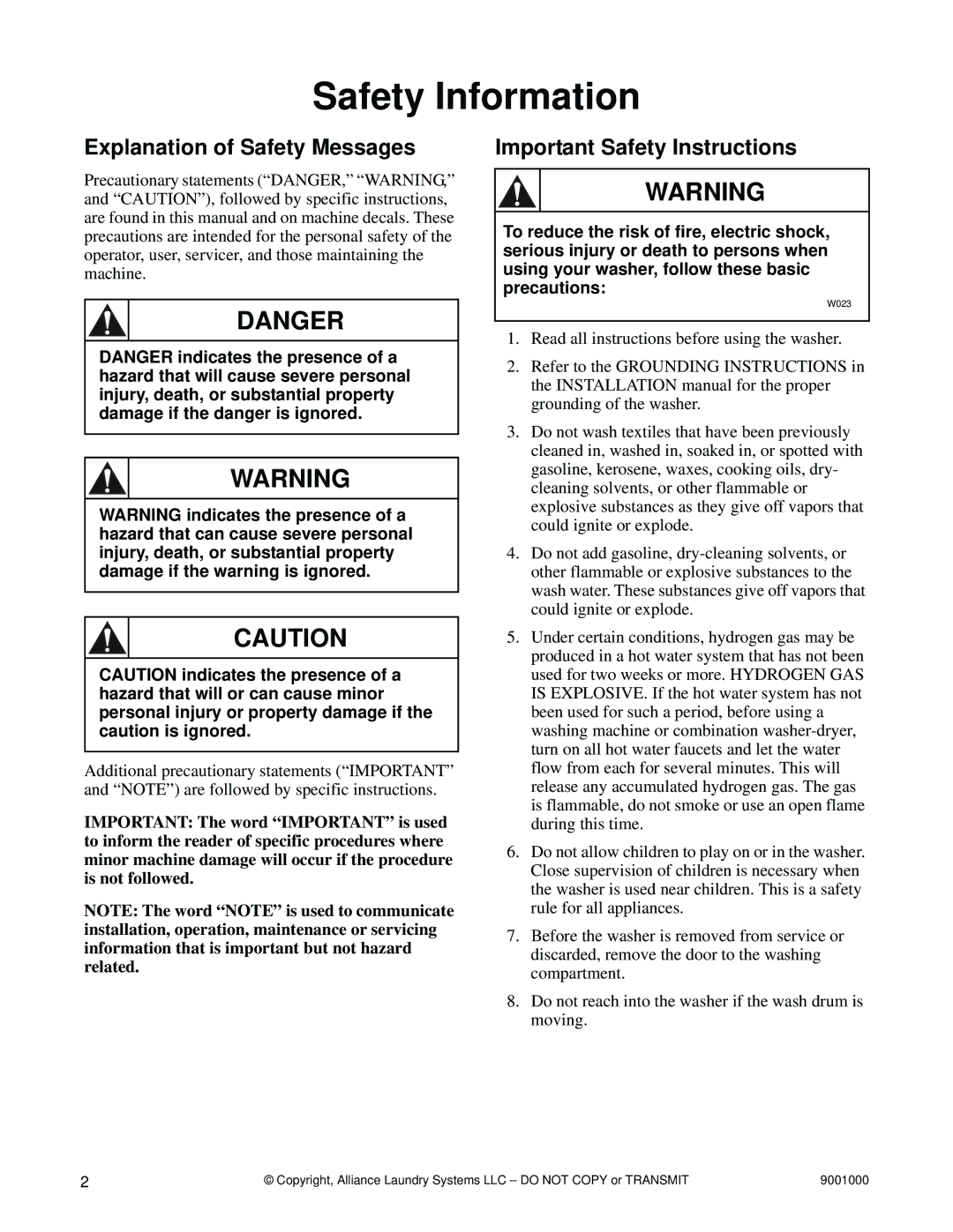 Alliance Laundry Systems 135, 75, 40, 33, 100, 165, 200, 18, 55 Explanation of Safety Messages, Important Safety Instructions 