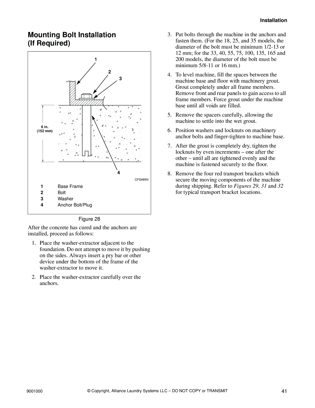 Alliance Laundry Systems 100, 75, 40, 33, 135, 165, 200, 18, 55 manual Mounting Bolt Installation If Required 