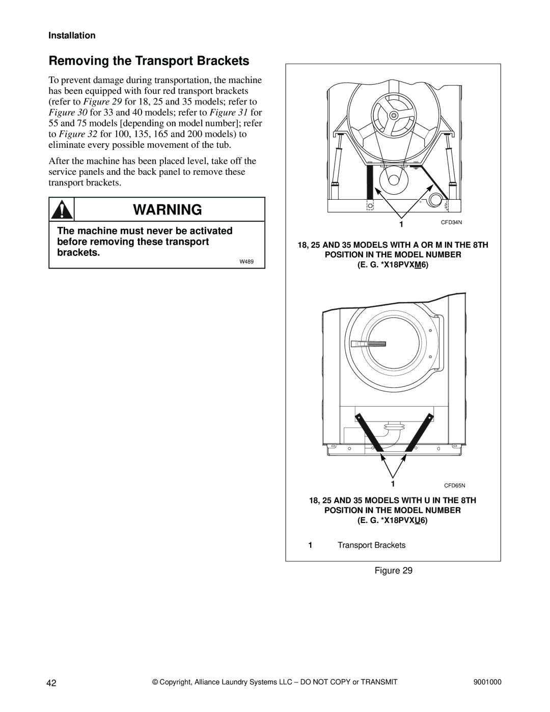 Alliance Laundry Systems 135, 75, 40, 33, 100, 165, 200, 18, 55 manual Removing the Transport Brackets 