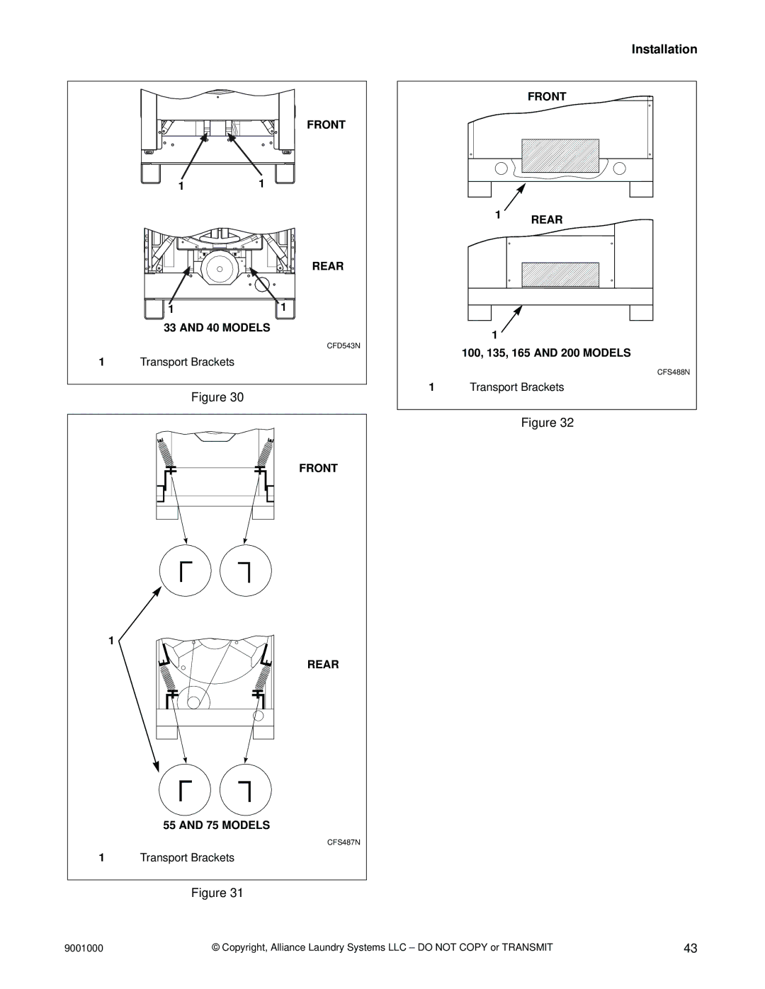 Alliance Laundry Systems 165, 75, 33, 100, 135, 200, 18, 55 manual Front Rear 40 Models 