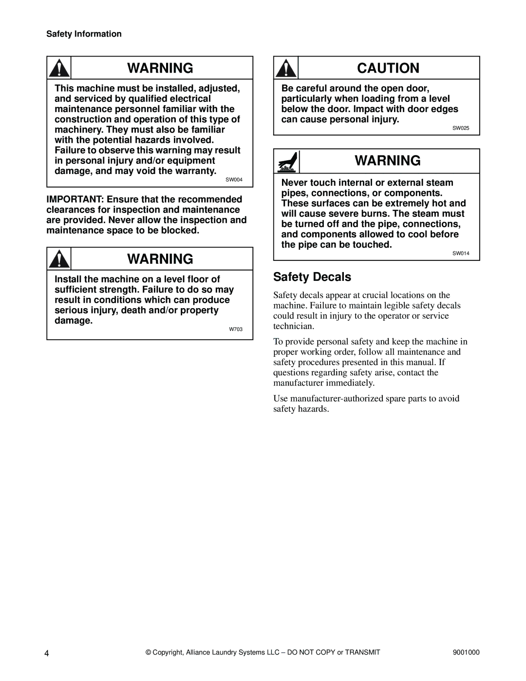 Alliance Laundry Systems 75, 40, 33, 100, 135, 165, 200, 18, 55 manual Safety Decals 