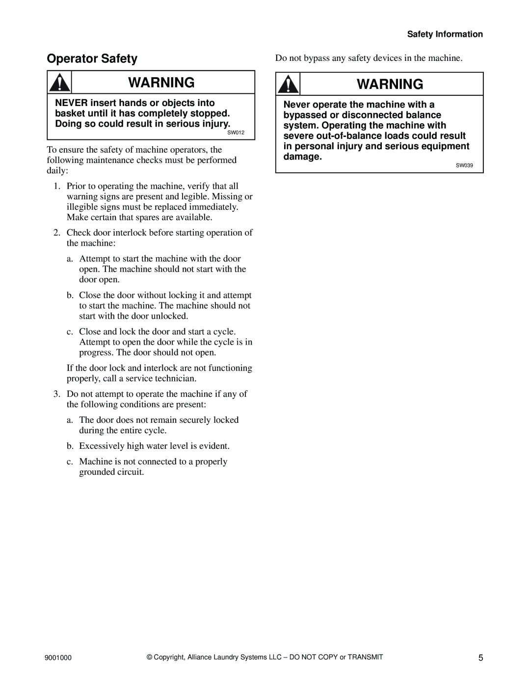 Alliance Laundry Systems 200, 75, 40, 33, 100, 135, 165, 18, 55 manual Operator Safety 