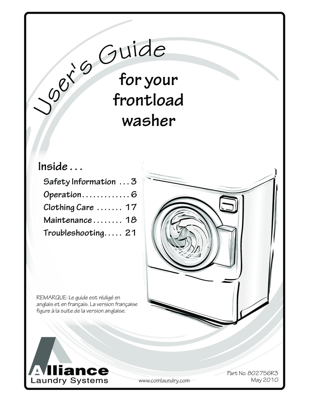 Alliance Laundry Systems 802756R3 manual For your Frontload Washer, May 