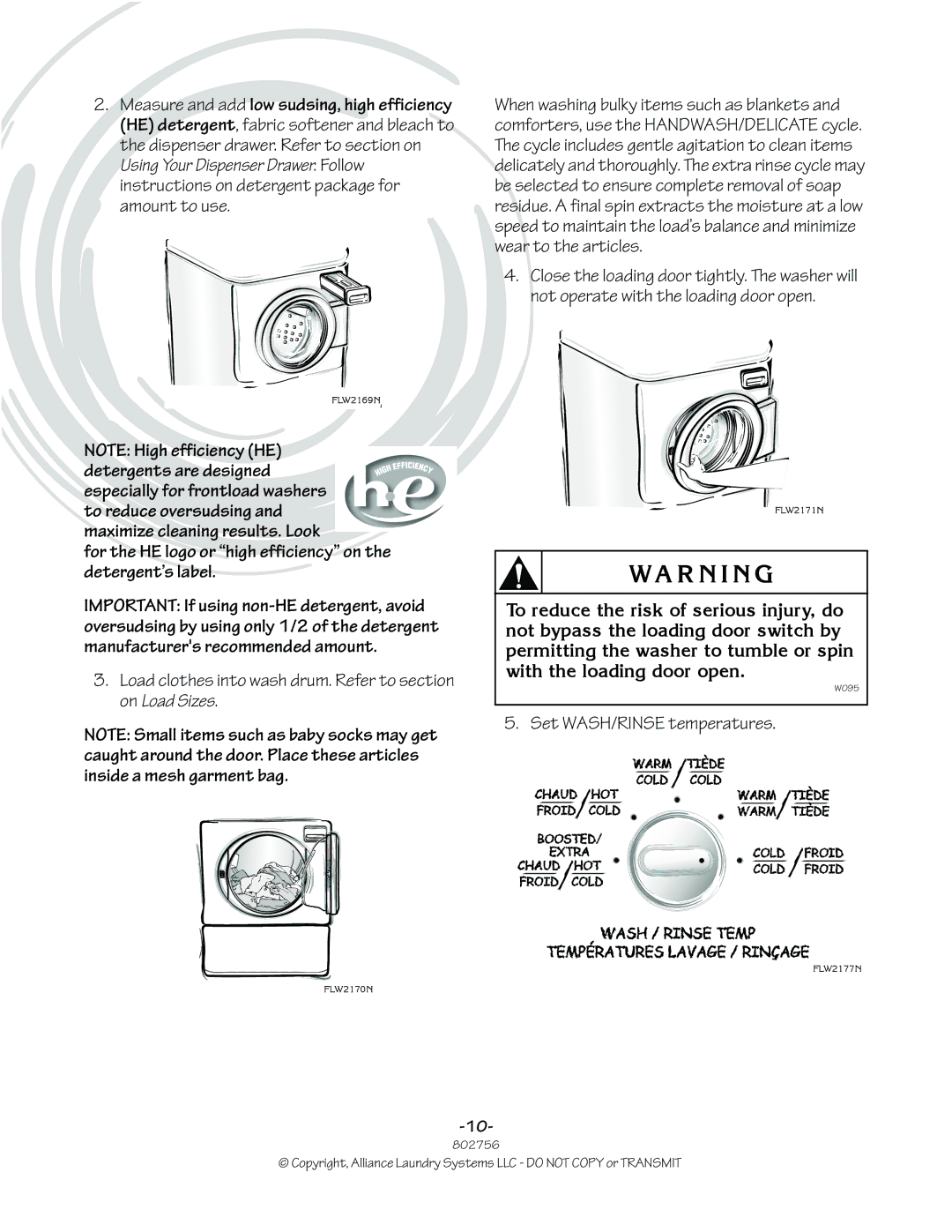 Alliance Laundry Systems 802756R3 Load clothes into wash drum. Refer to section on Load Sizes, Set WASH/RINSE temperatures 