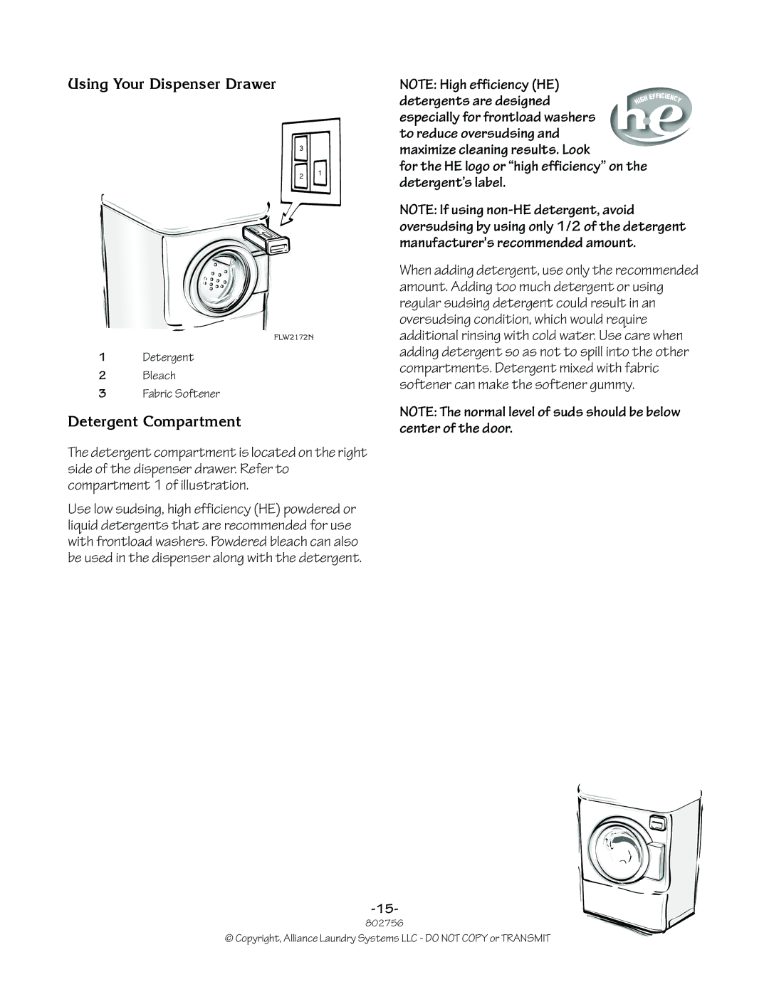 Alliance Laundry Systems 802756R3 Using Your Dispenser Drawer, Detergent Compartment, Detergent Bleach Fabric Softener 