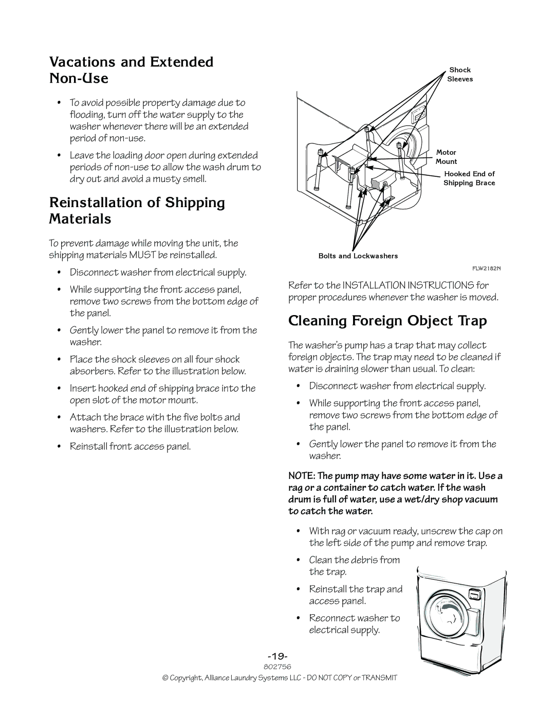 Alliance Laundry Systems 802756R3 manual Vacations and Extended Non-Use, Reinstallation of Shipping Materials 