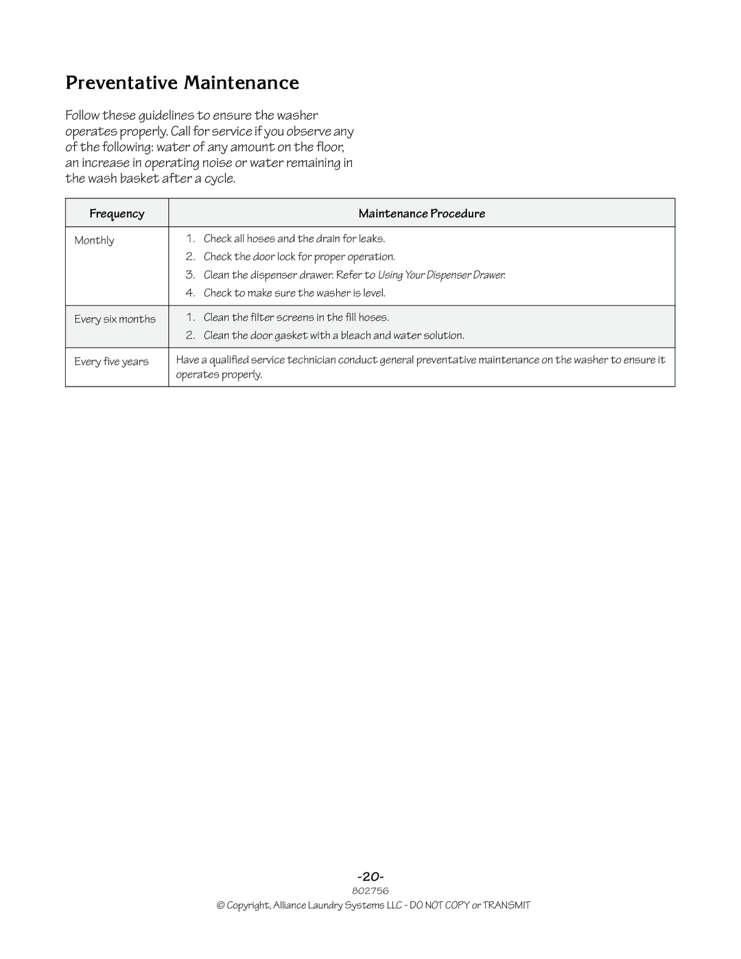 Alliance Laundry Systems 802756R3 manual Preventative Maintenance, Frequency Maintenance Procedure, Operates properly 