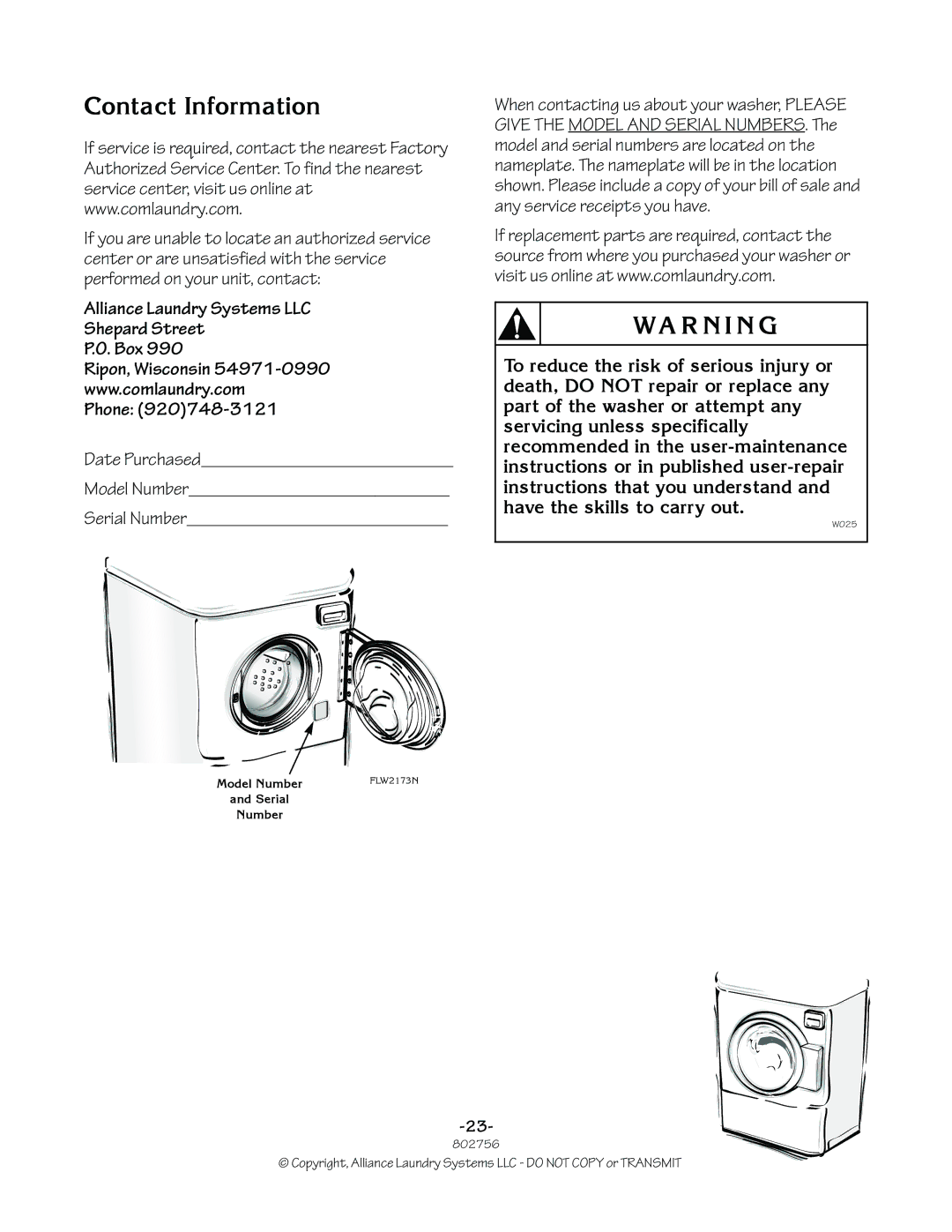 Alliance Laundry Systems 802756R3 manual Contact Information, Serial Number 