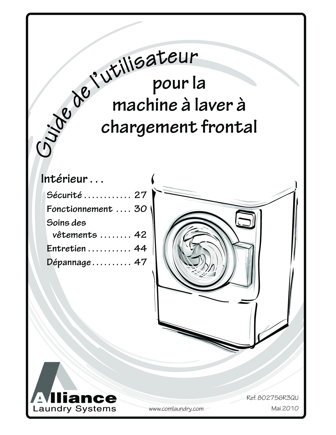 Alliance Laundry Systems 802756R3 manual Pour la, Ref R3QU Mai 