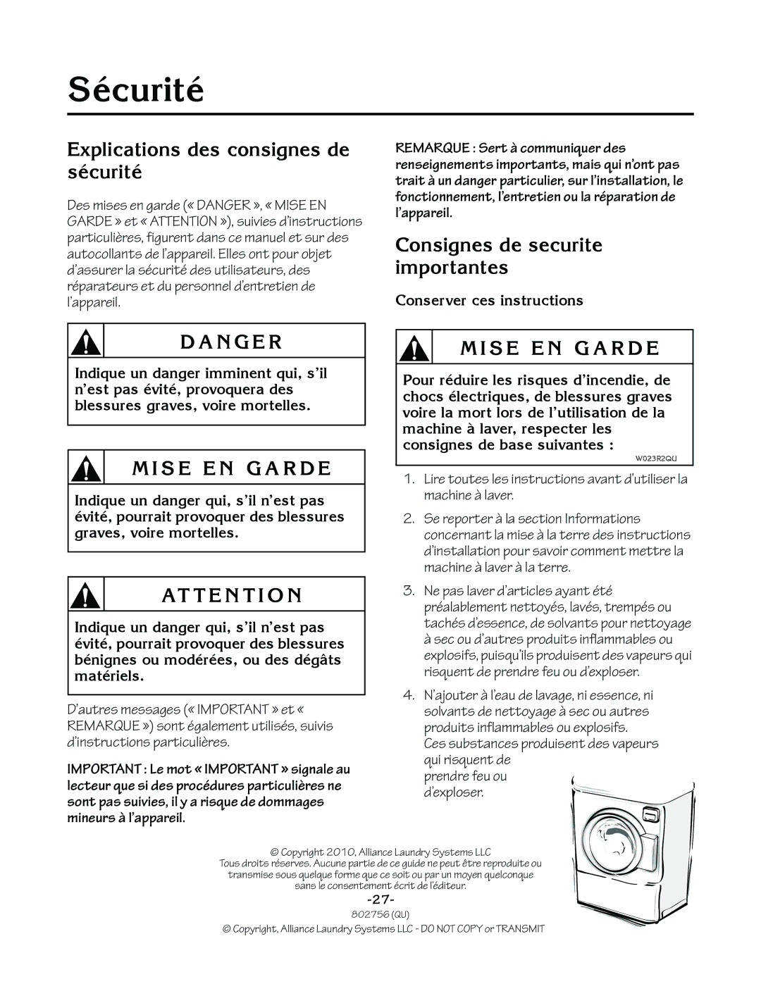 Alliance Laundry Systems 802756R3 Sécurité, Explications des consignes de sécurité, Consignes de securite importantes 