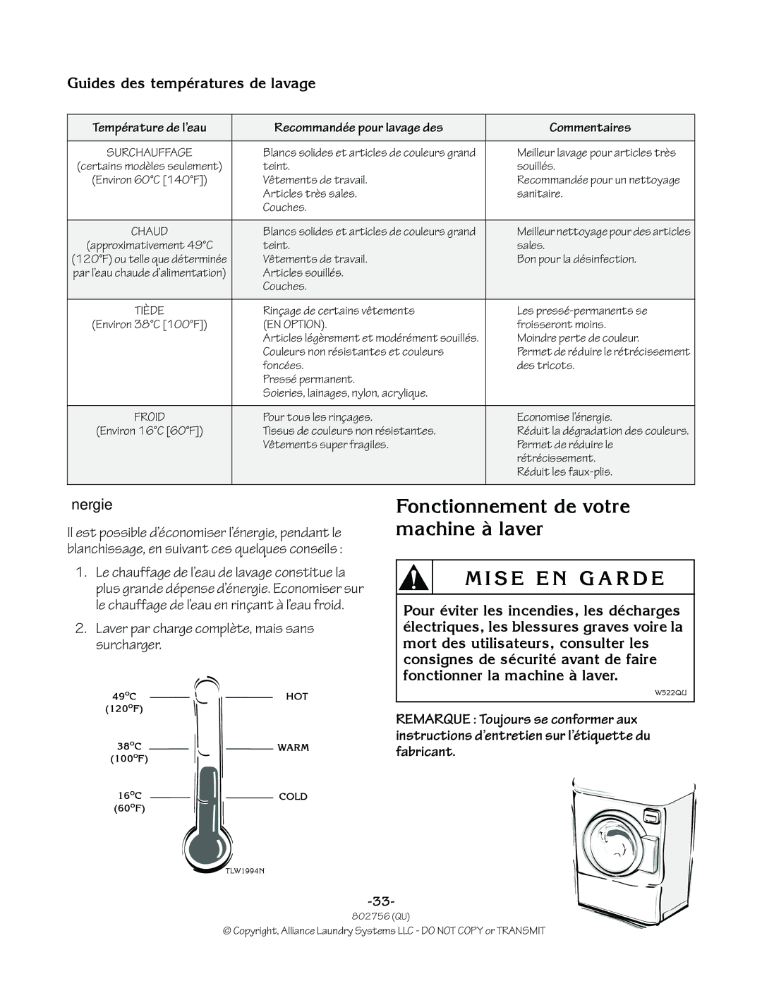 Alliance Laundry Systems 802756R3 Fonctionnement de votre machine à laver, Guides des températures de lavage, Énergie 