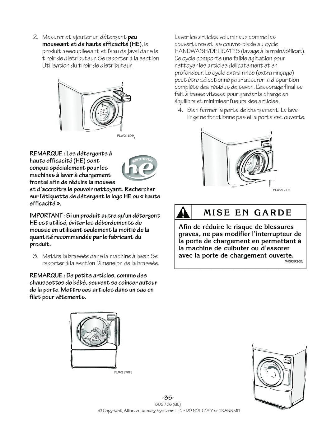 Alliance Laundry Systems 802756R3 manual W095R2QU FLW2170N 