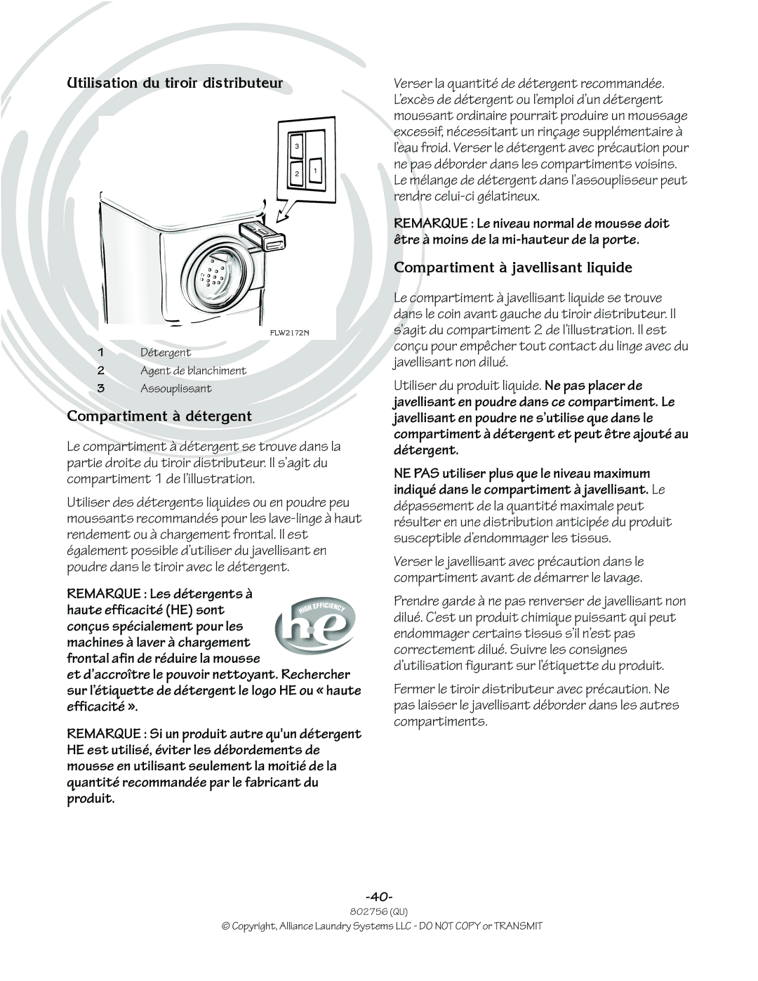 Alliance Laundry Systems 802756R3 manual Utilisation du tiroir distributeur, Compartiment à détergent 