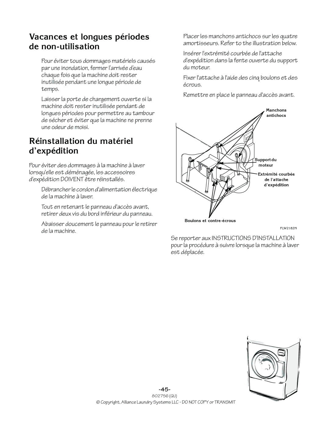 Alliance Laundry Systems 802756R3 Vacances et longues périodes de non-utilisation, Réinstallation du matériel d’expédition 