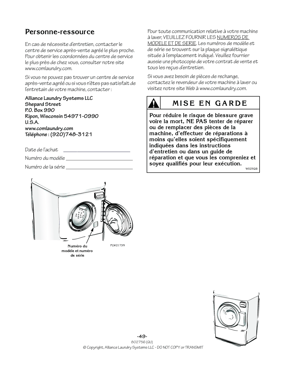 Alliance Laundry Systems 802756R3 manual Personne-ressource 