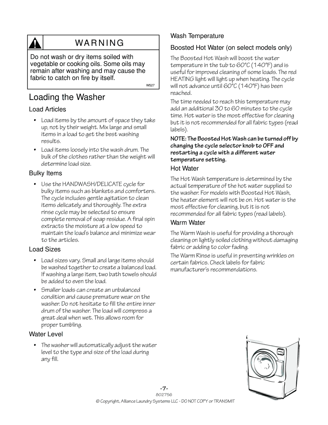 Alliance Laundry Systems 802756R3 manual Loading the Washer, Load Articles, Load Sizes, Water Level, Wash Temperature 