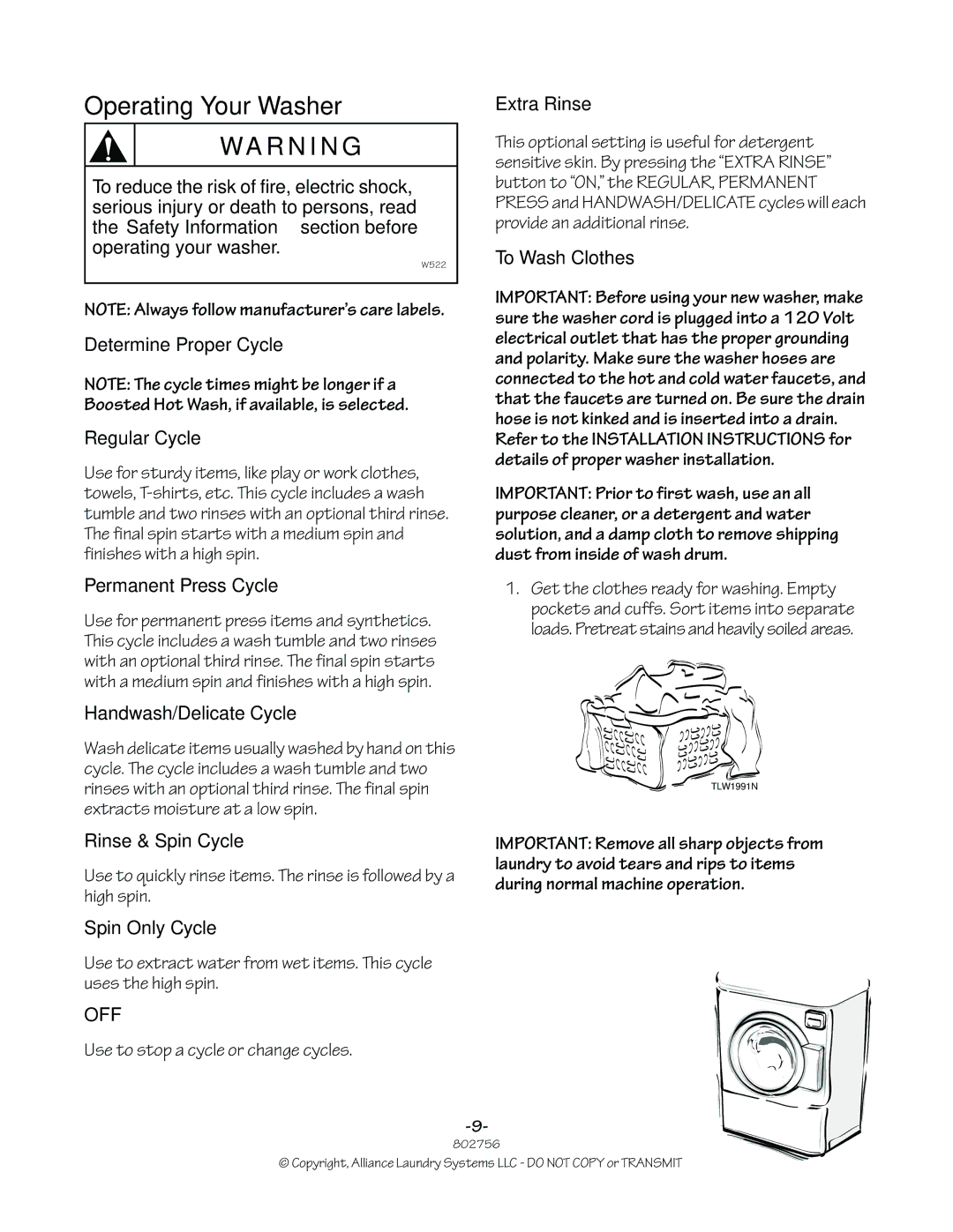 Alliance Laundry Systems 802756R3 Operating Your Washer, Determine Proper Cycle, Use to stop a cycle or change cycles 