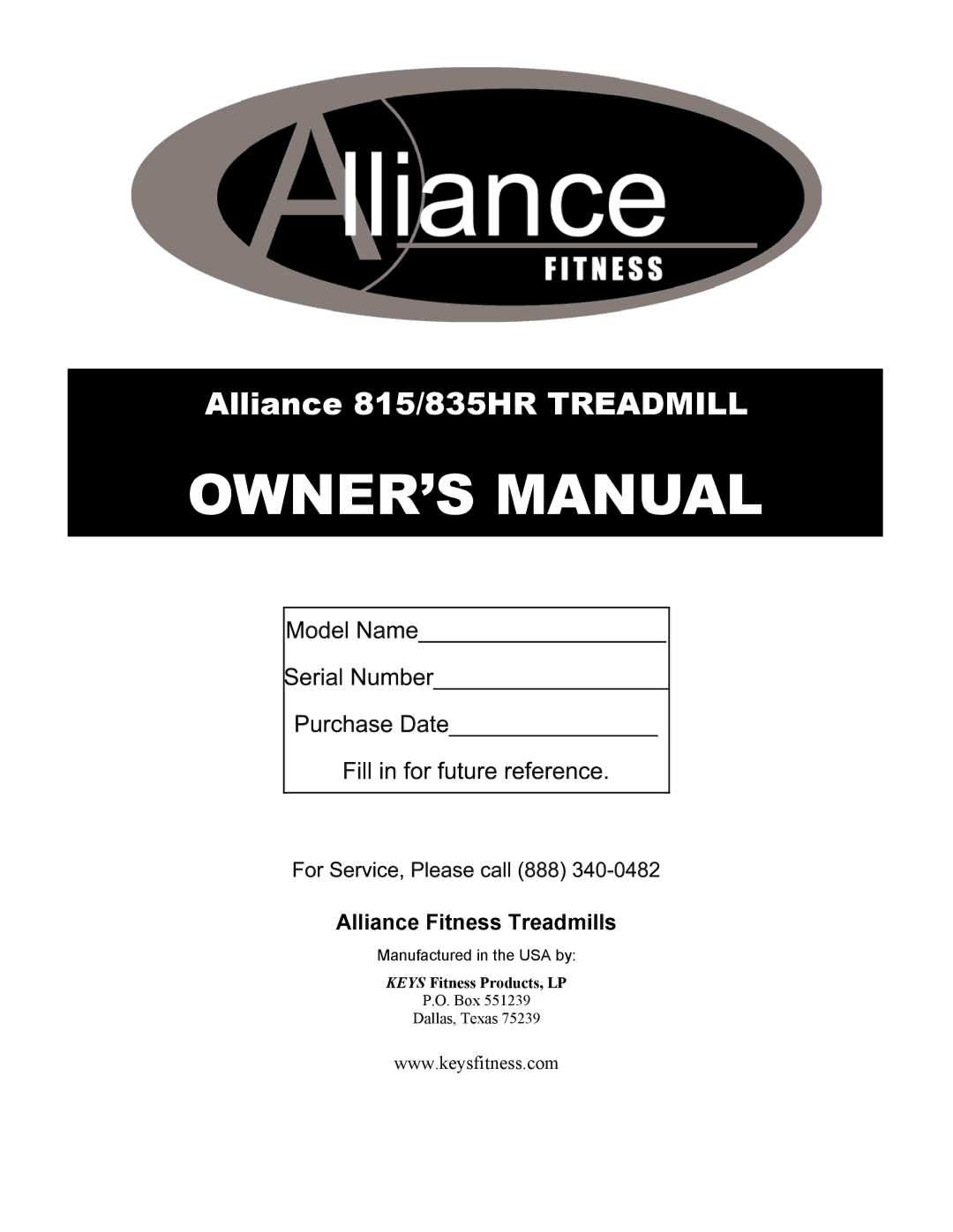 Alliance Laundry Systems owner manual Alliance 815/835HR Treadmill 