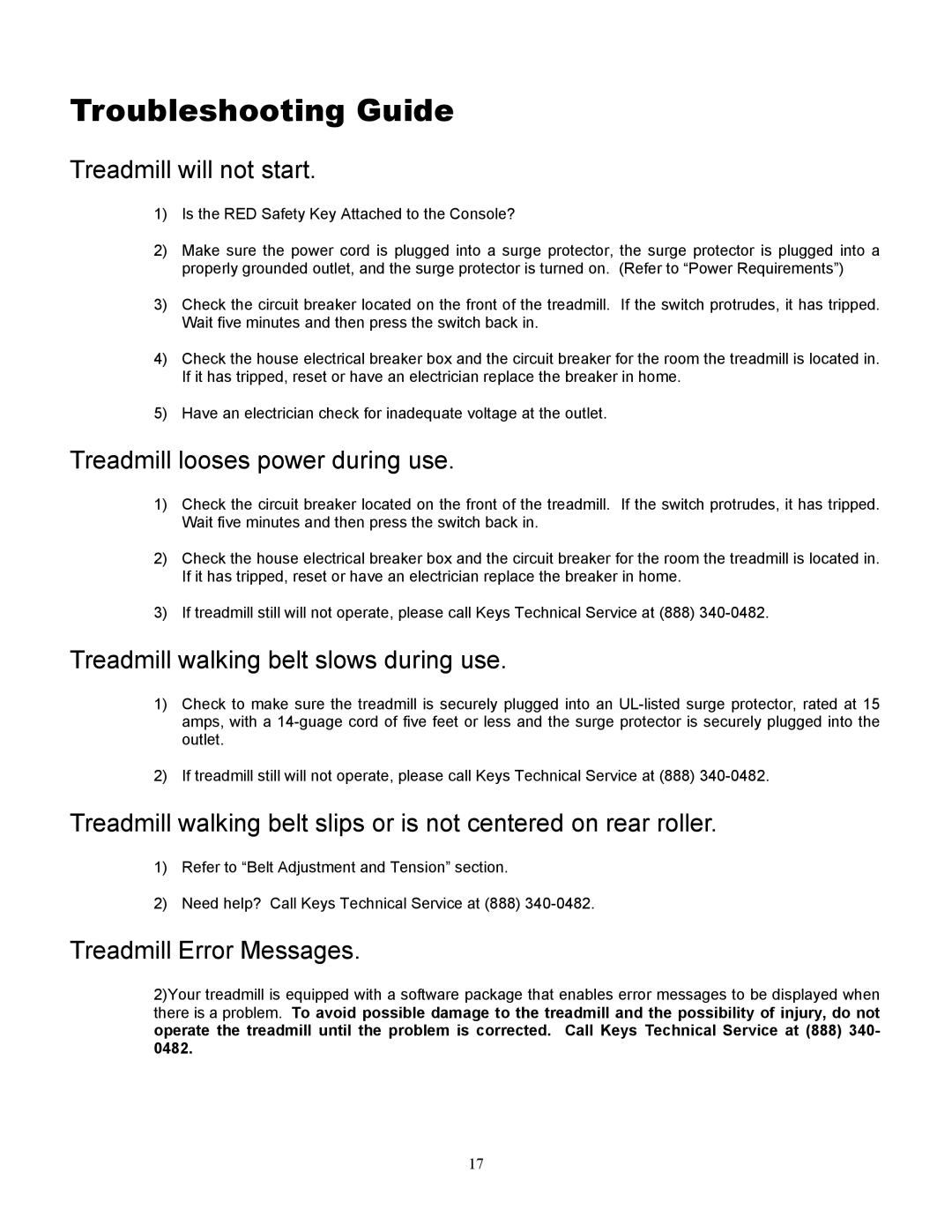 Alliance Laundry Systems 815, 835HR owner manual Troubleshooting Guide, Treadmill will not start 