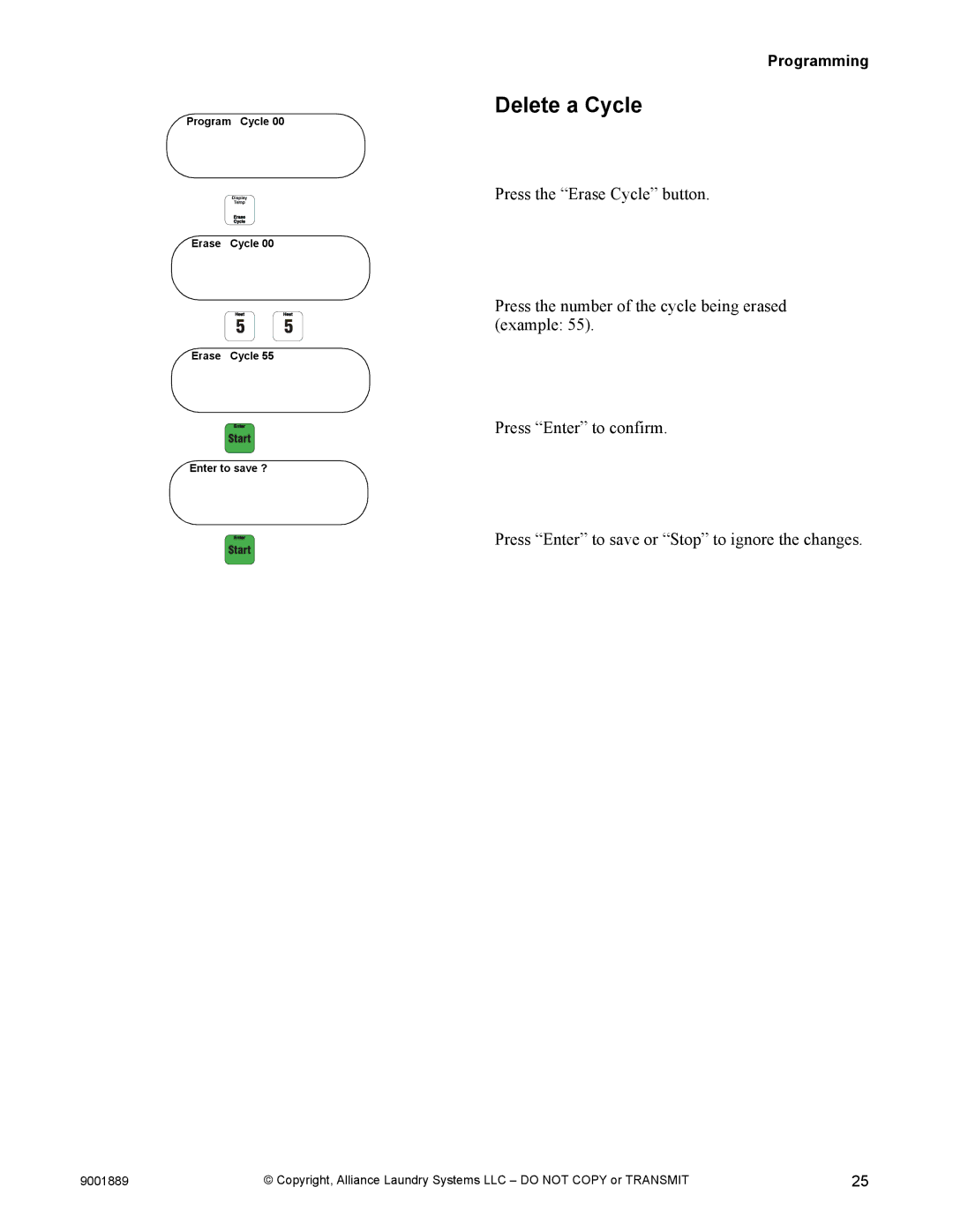 Alliance Laundry Systems 9001889R7 manual Delete a Cycle 