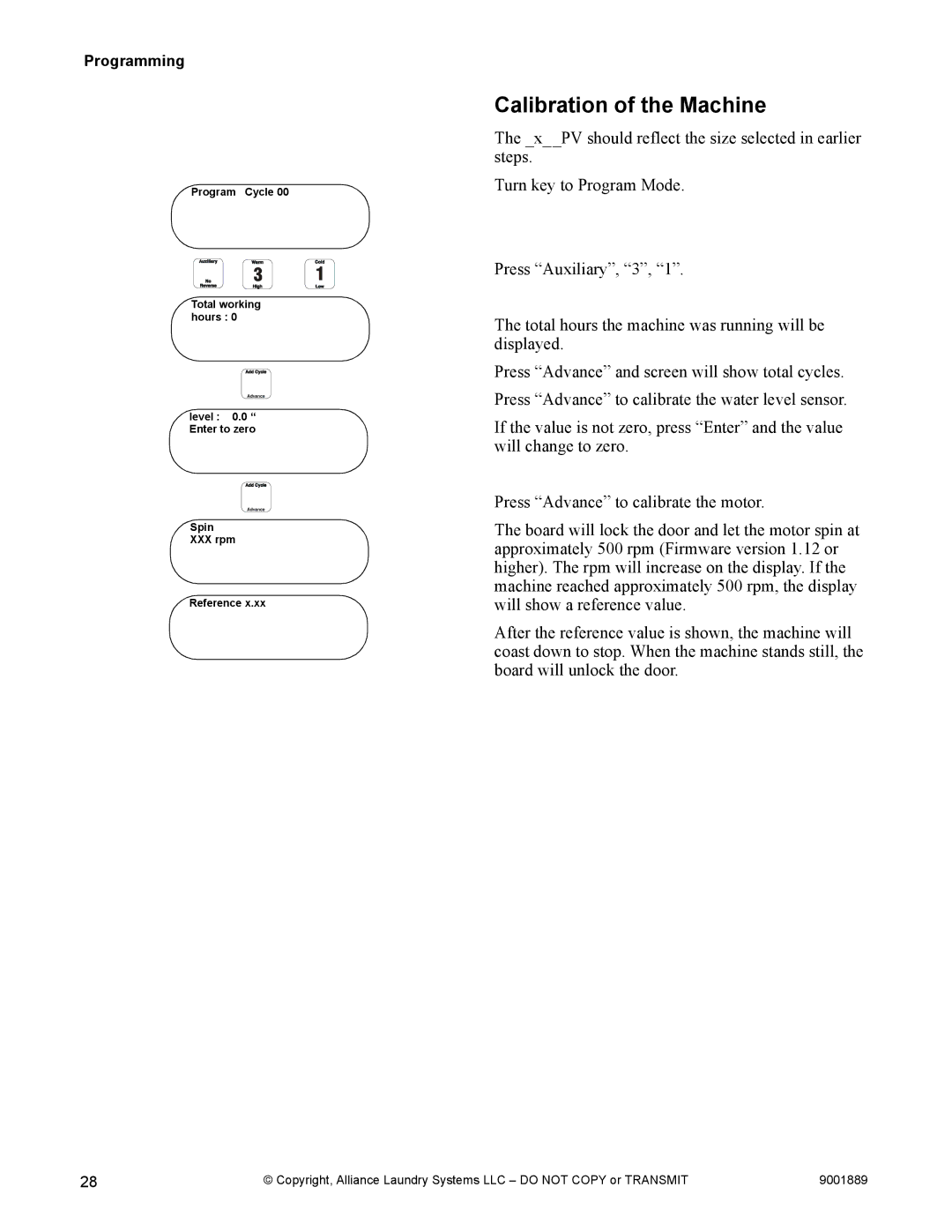 Alliance Laundry Systems 9001889R7 manual Calibration of the Machine 