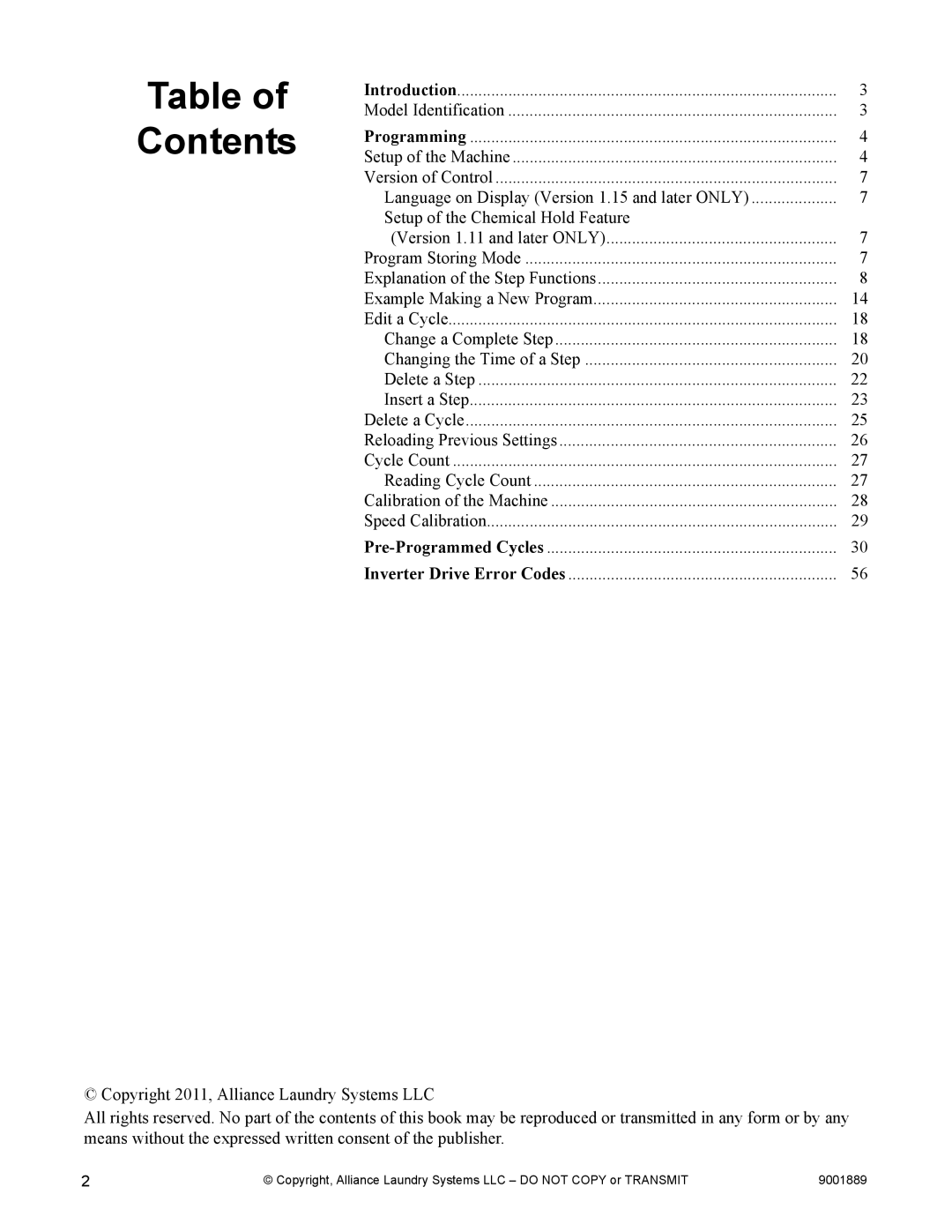 Alliance Laundry Systems 9001889R7 manual Contents 