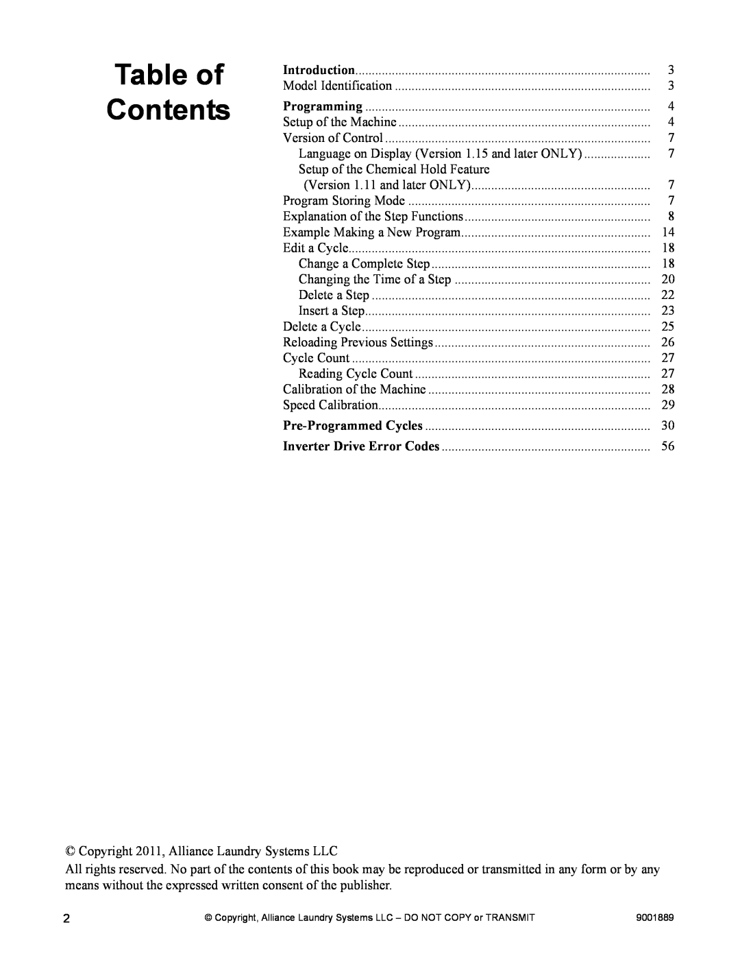 Alliance Laundry Systems 9001889R7 manual Table of Contents 