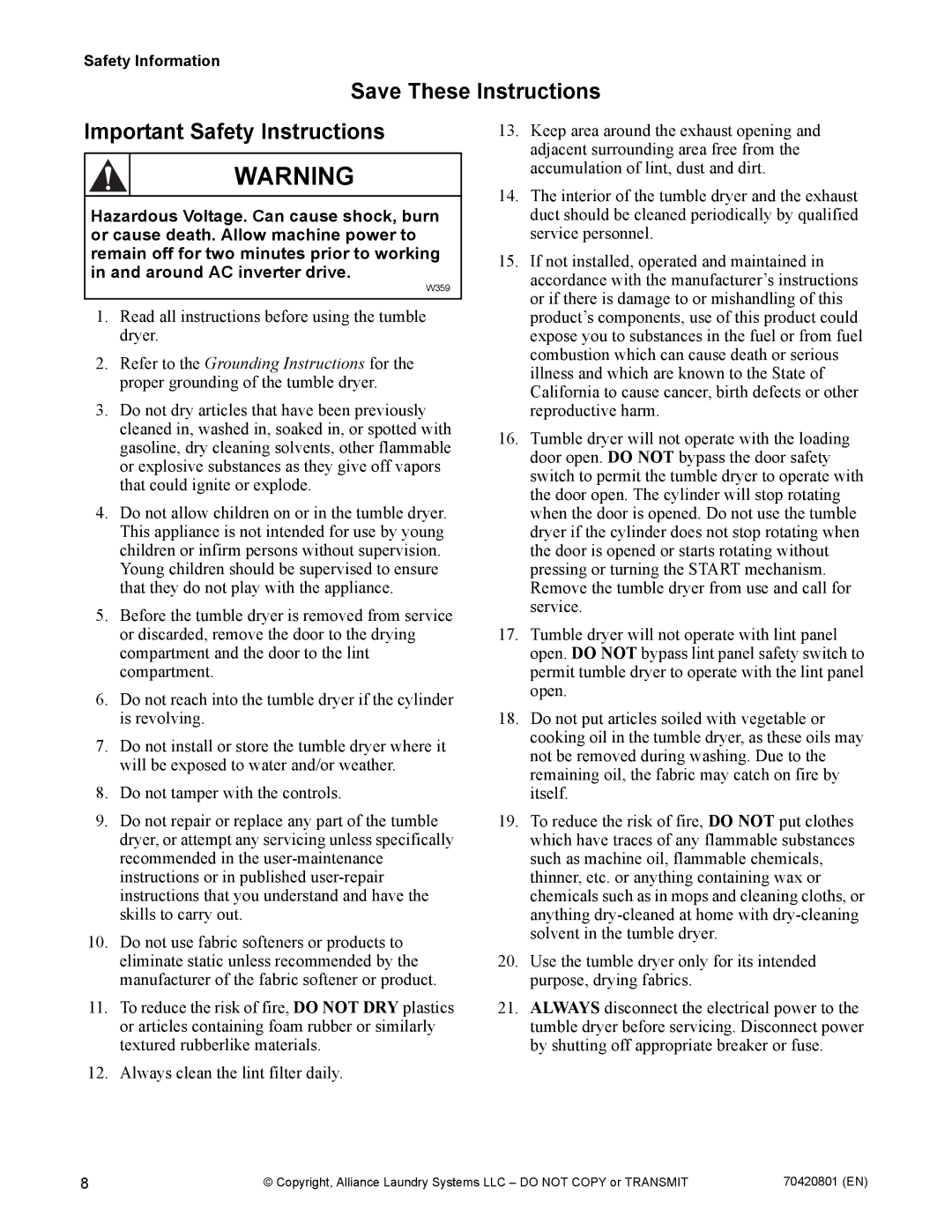 Alliance Laundry Systems 907003062 manual Important Safety Instructions, Safety Information 