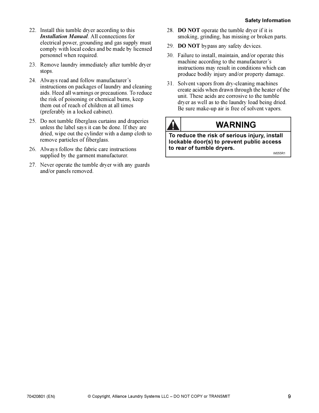 Alliance Laundry Systems 907003062 manual W055R1 