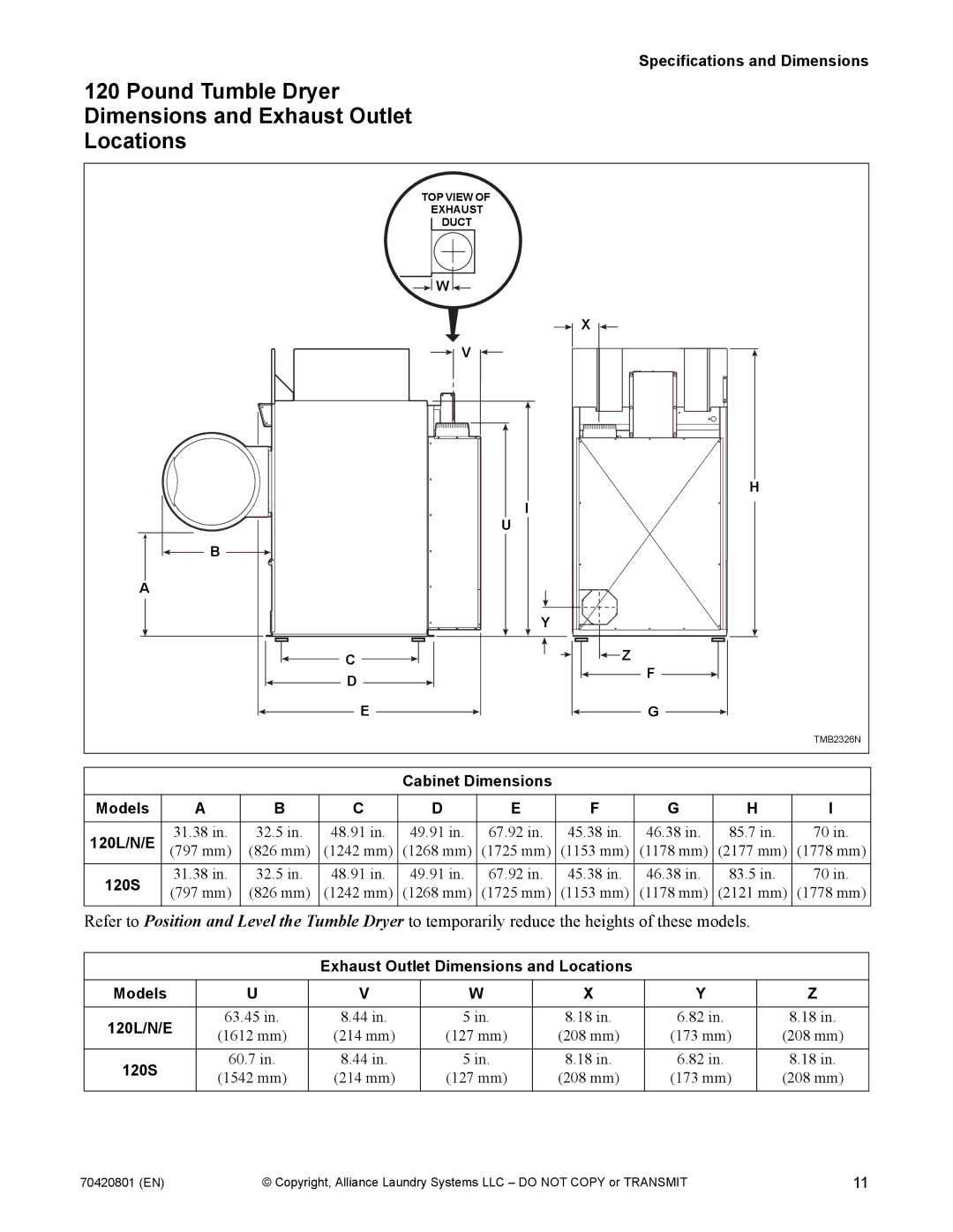 Alliance Laundry Systems 907003062 manual Pound Tumble Dryer Dimensions and Exhaust Outlet Locations, 120S 