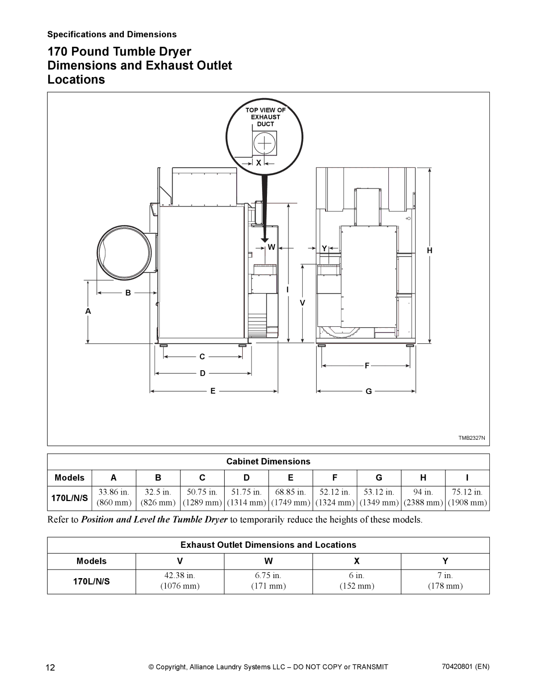 Alliance Laundry Systems 907003062 manual Cabinet Dimensions Models 170L/N/S 