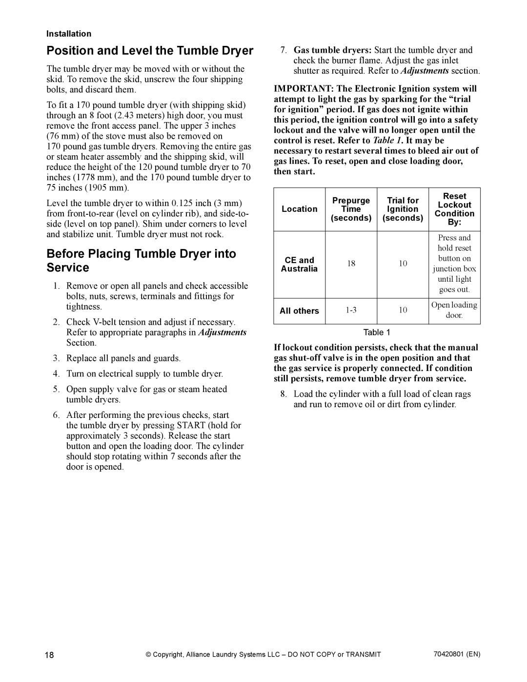 Alliance Laundry Systems 907003062 manual Position and Level the Tumble Dryer, Before Placing Tumble Dryer into Service 