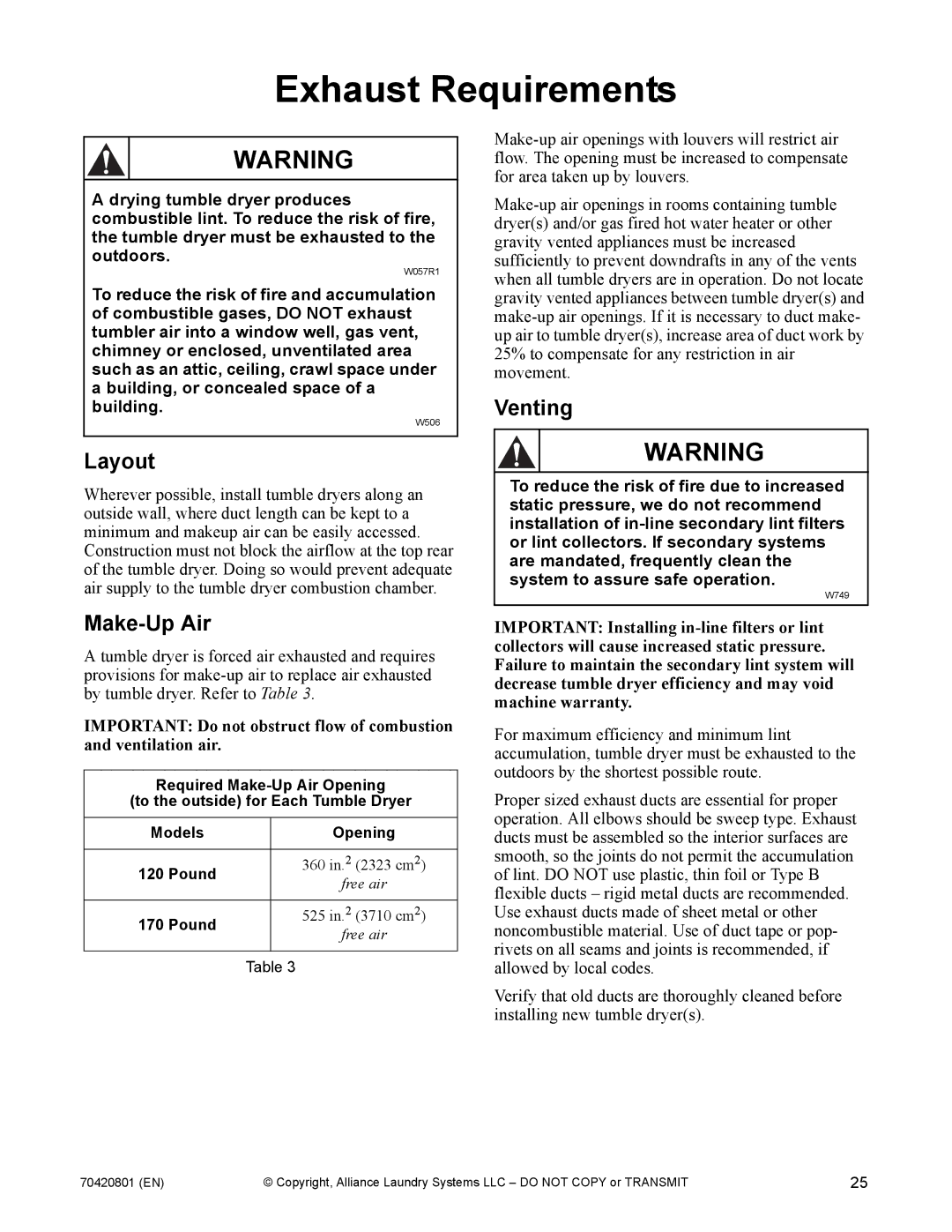 Alliance Laundry Systems 907003062 manual Exhaust Requirements, Layout, Make-Up Air, Venting 