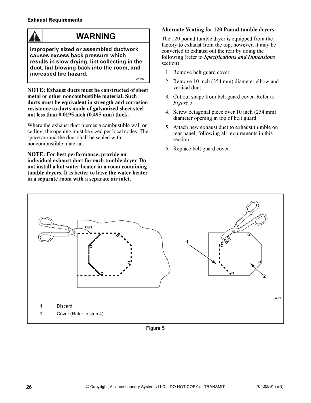 Alliance Laundry Systems 907003062 manual Alternate Venting for 120 Pound tumble dryers, Exhaust Requirements 