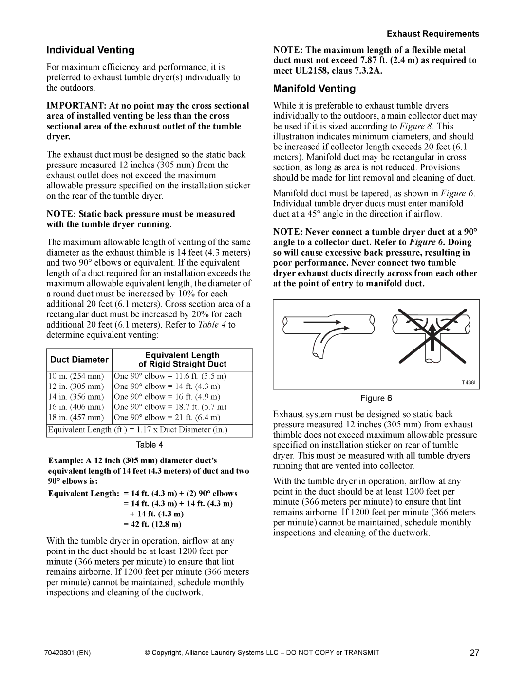 Alliance Laundry Systems 907003062 manual Individual Venting, Duct Diameter Equivalent Length Rigid Straight Duct 