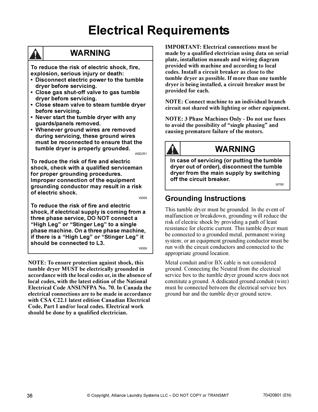 Alliance Laundry Systems 907003062 manual Electrical Requirements, Grounding Instructions 